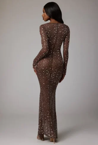 Isabeau Sheer Embellished Long Sleeve Evening Gown in Deep Cocoa