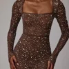 Isabeau Sheer Embellished Long Sleeve Evening Gown in Deep Cocoa