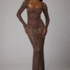 Isabeau Sheer Embellished Long Sleeve Evening Gown in Deep Cocoa