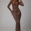 Isabeau Sheer Embellished Long Sleeve Evening Gown in Deep Cocoa