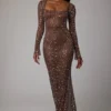 Isabeau Sheer Embellished Long Sleeve Evening Gown in Deep Cocoa