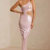 Isabel Sheer Sequin One Shoulder Cut Out Maxi Dress in Lilac