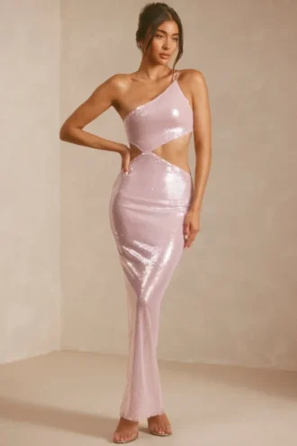 Isabel Sheer Sequin One Shoulder Cut Out Maxi Dress in Lilac