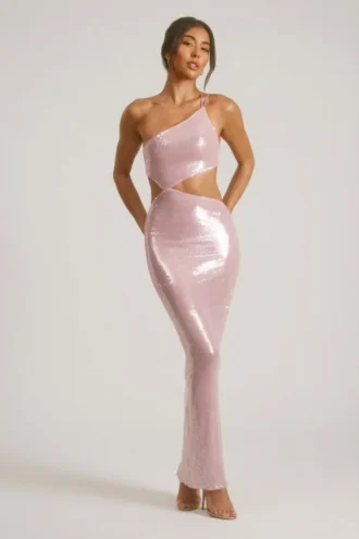 Isabel Sheer Sequin One Shoulder Cut Out Maxi Dress in Lilac