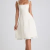 Isadora Bow-Detail Pleated A-Line Midi Dress in Ivory