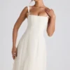 Isadora Bow-Detail Pleated A-Line Midi Dress in Ivory