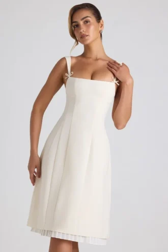 Isadora Bow-Detail Pleated A-Line Midi Dress in Ivory