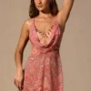 Isalyn Cowl-Plunge Mini Dress in Paisley Print