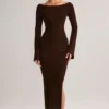 Isay Rib-Knit Boat-Neck Long-Sleeve Maxi Dress in Chocolate Brown Isay Rib-Knit Boat-Neck Long-Sleeve Maxi Dress in Chocolate Brown
