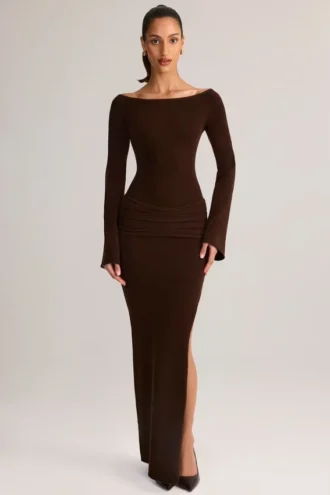 Isay Rib-Knit Boat-Neck Long-Sleeve Maxi Dress in Chocolate Brown