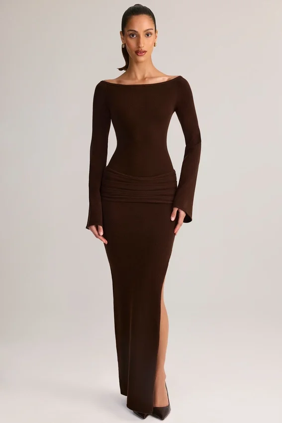 Isay Rib-Knit Boat-Neck Long-Sleeve Maxi Dress in Chocolate Brown Isay Rib-Knit Boat-Neck Long-Sleeve Maxi Dress in Chocolate Brown