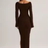 Isay Rib-Knit Boat-Neck Long-Sleeve Maxi Dress in Chocolate Brown Isay Rib-Knit Boat-Neck Long-Sleeve Maxi Dress in Chocolate Brown
