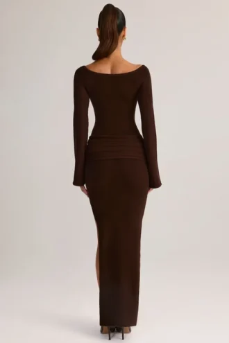 Isay Rib-Knit Boat-Neck Long-Sleeve Maxi Dress in Chocolate Brown