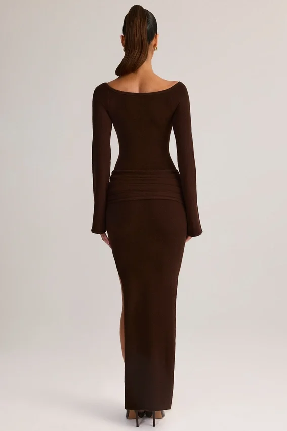 Isay Rib-Knit Boat-Neck Long-Sleeve Maxi Dress in Chocolate Brown Isay Rib-Knit Boat-Neck Long-Sleeve Maxi Dress in Chocolate Brown