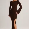 Isay Rib-Knit Boat-Neck Long-Sleeve Maxi Dress in Chocolate Brown Isay Rib-Knit Boat-Neck Long-Sleeve Maxi Dress in Chocolate Brown