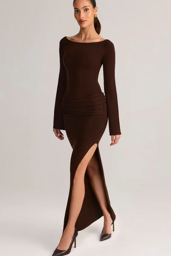 Isay Rib-Knit Boat-Neck Long-Sleeve Maxi Dress in Chocolate Brown Isay Rib-Knit Boat-Neck Long-Sleeve Maxi Dress in Chocolate Brown