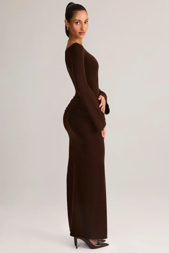 Isay Rib-Knit Boat-Neck Long-Sleeve Maxi Dress in Chocolate Brown Isay Rib-Knit Boat-Neck Long-Sleeve Maxi Dress in Chocolate Brown