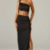Ishaana Ruched Asymmetric-Waist Maxi Skirt in Black