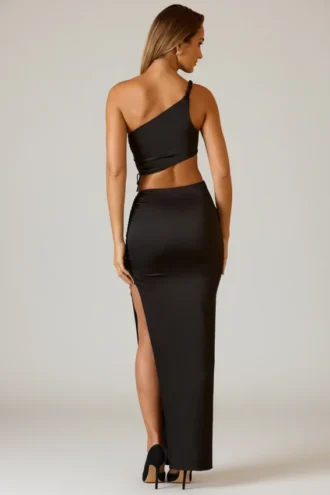 Ishaana Ruched Asymmetric-Waist Maxi Skirt in Black