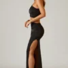 Ishaana Ruched Asymmetric-Waist Maxi Skirt in Black