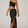 Ishaana Ruched Asymmetric-Waist Maxi Skirt in Black