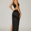 Ishaana Ruched Asymmetric-Waist Maxi Skirt in Black