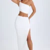 Ishaana Ruched Asymmetric-Waist Maxi Skirt in White