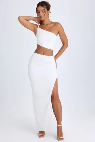 Ishaana Ruched Asymmetric-Waist Maxi Skirt in White