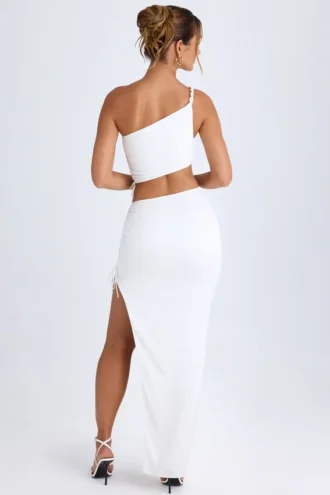 Ishaana Ruched Asymmetric-Waist Maxi Skirt in White