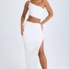 Ishaana Ruched Asymmetric-Waist Maxi Skirt in White