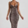Ismay Layered Halterneck Bodycon Midi Dress in Leopard Print