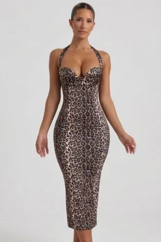 Ismay Layered Halterneck Bodycon Midi Dress in Leopard Print