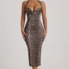 Ismay Layered Halterneck Bodycon Midi Dress in Leopard Print