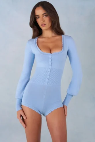 Ismera Knit Long-Sleeve Romper in Soft Blue