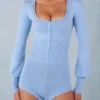 Ismera Knit Long-Sleeve Romper in Soft Blue