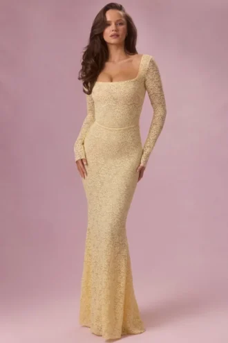 Isolde Lace Long-Sleeve Maxi Dress in Butter Yellow