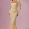 Isolde Lace Long-Sleeve Maxi Dress in Butter Yellow