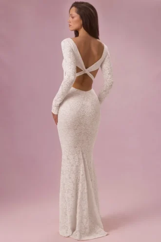 Isolde Lace Long-Sleeve Maxi Dress in Ivory