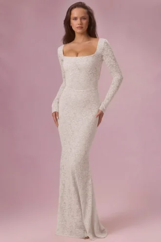 Isolde Lace Long-Sleeve Maxi Dress in Ivory