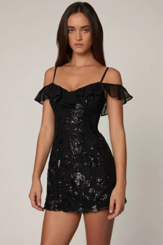 Jacira Embellished Lace-Up A-Line Mini Dress in Black