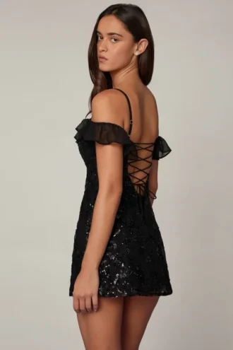 Jacira Embellished Lace-Up A-Line Mini Dress in Black