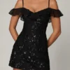 Jacira Embellished Lace-Up A-Line Mini Dress in Black