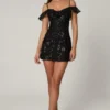 Jacira Embellished Lace-Up A-Line Mini Dress in Black
