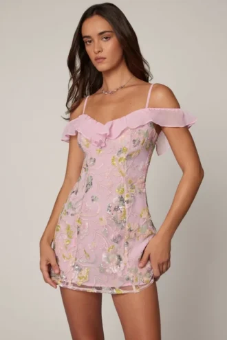 Jacira Embellished Lace-Up A-Line Mini Dress in Soft Pink