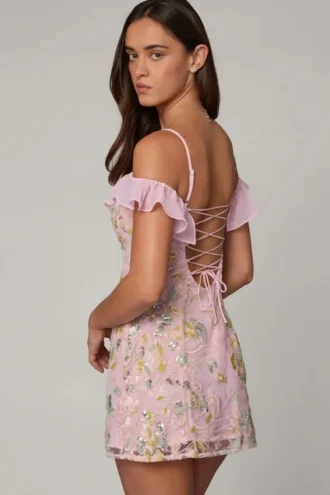 Jacira Embellished Lace-Up A-Line Mini Dress in Soft Pink