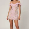 Jacira Embellished Lace-Up A-Line Mini Dress in Soft Pink