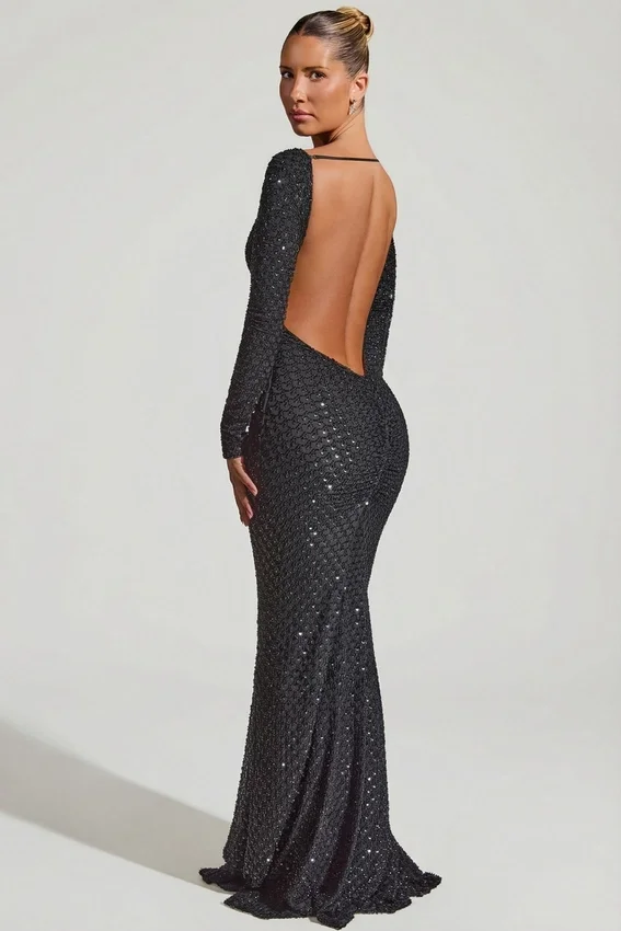 Jailene Embellished Open-Back Gown in Black Jailene Embellished Open-Back Gown in Black