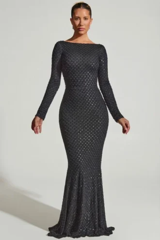 Jailene Embellished Open-Back Gown in Black