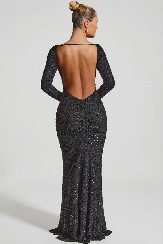 Jailene Embellished Open-Back Gown in Black Jailene Embellished Open-Back Gown in Black
