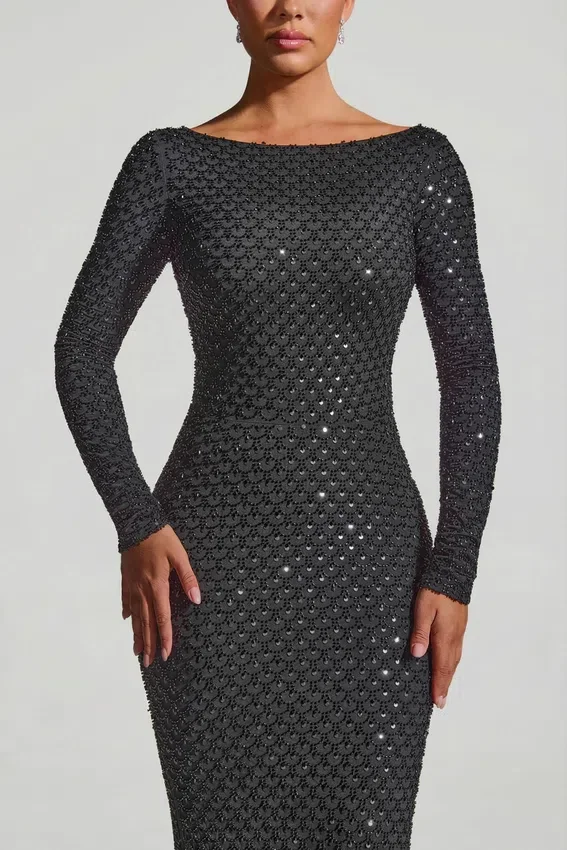Jailene Embellished Open-Back Gown in Black Jailene Embellished Open-Back Gown in Black